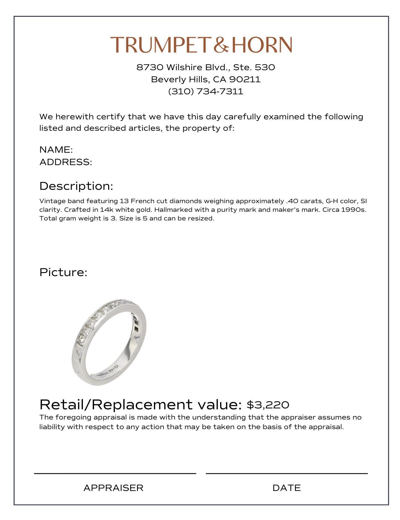 Vintage French cut diamond 14k white gold wedding band