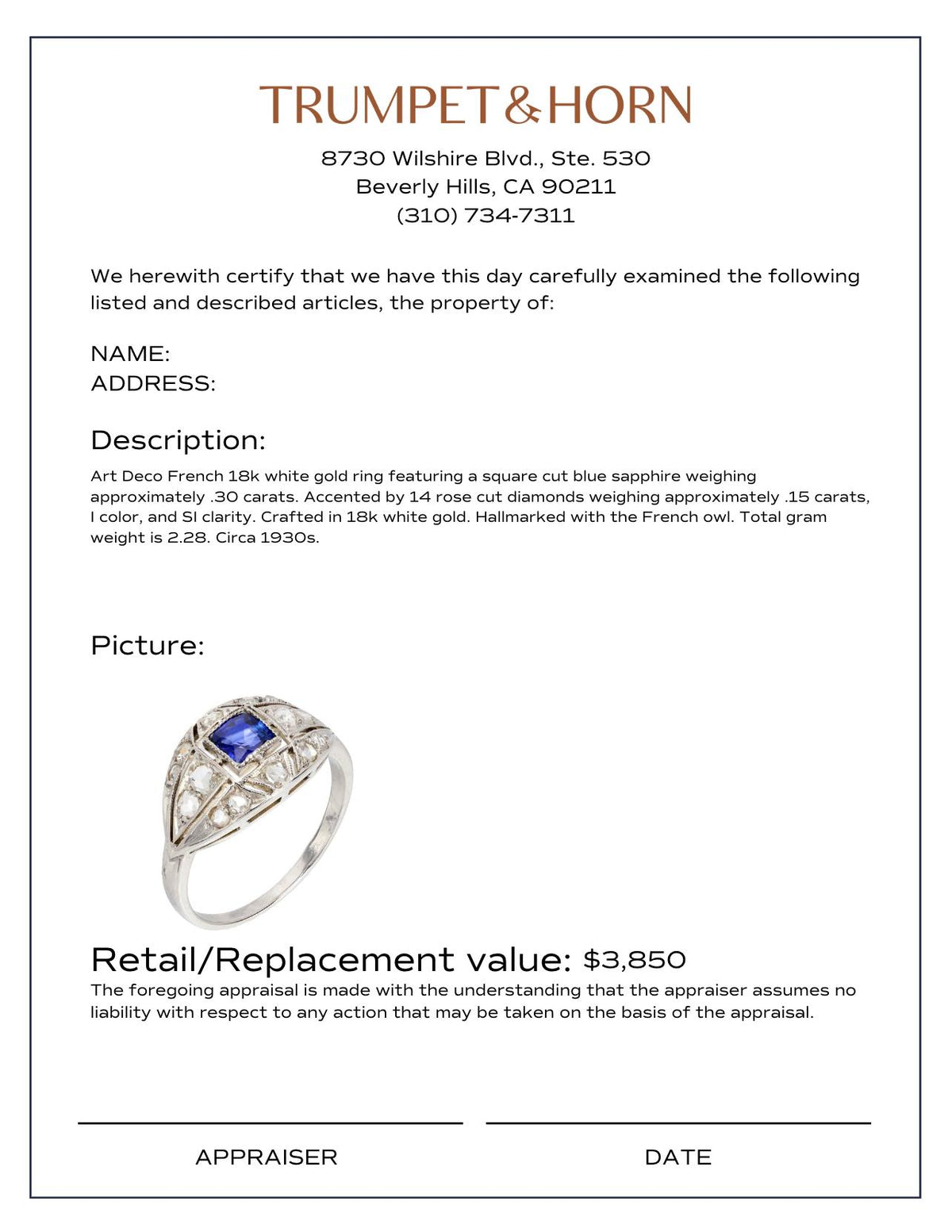 Art Deco French sapphire diamond 18k white gold ring