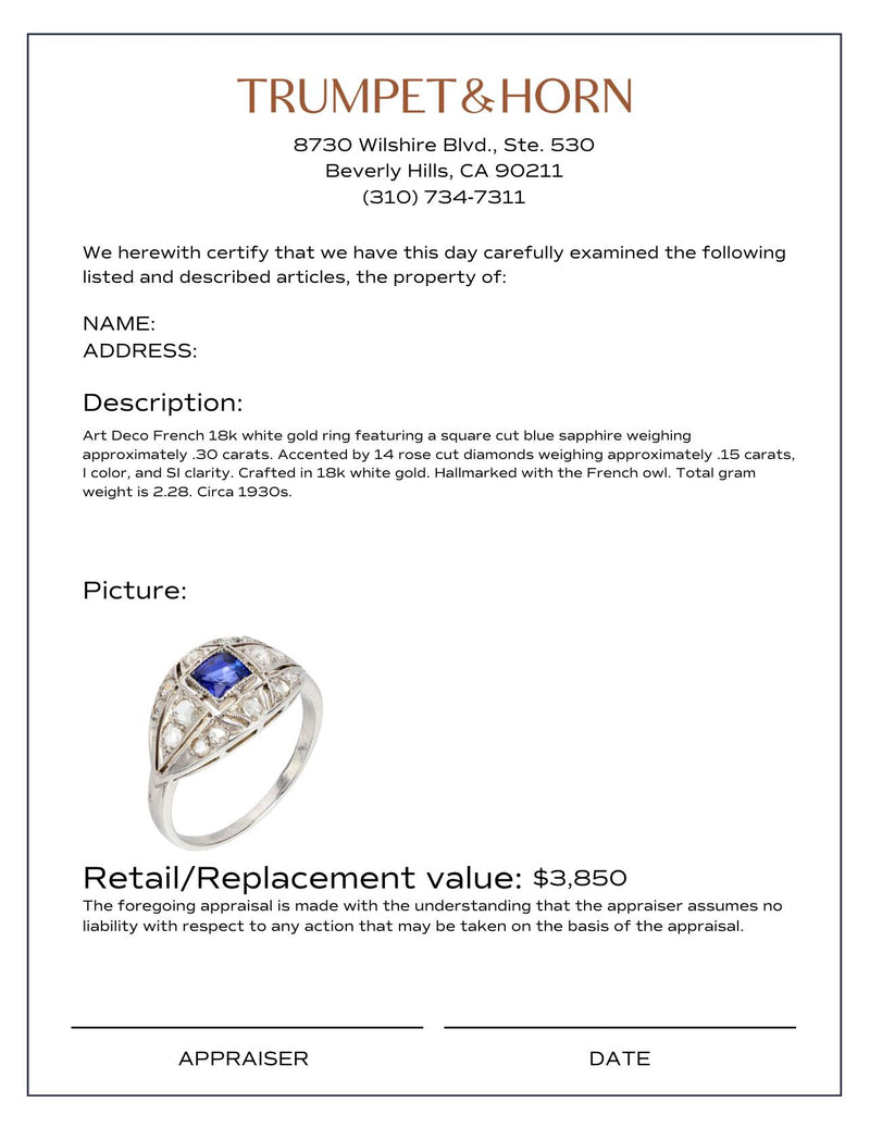 Art Deco French sapphire diamond 18k white gold ring