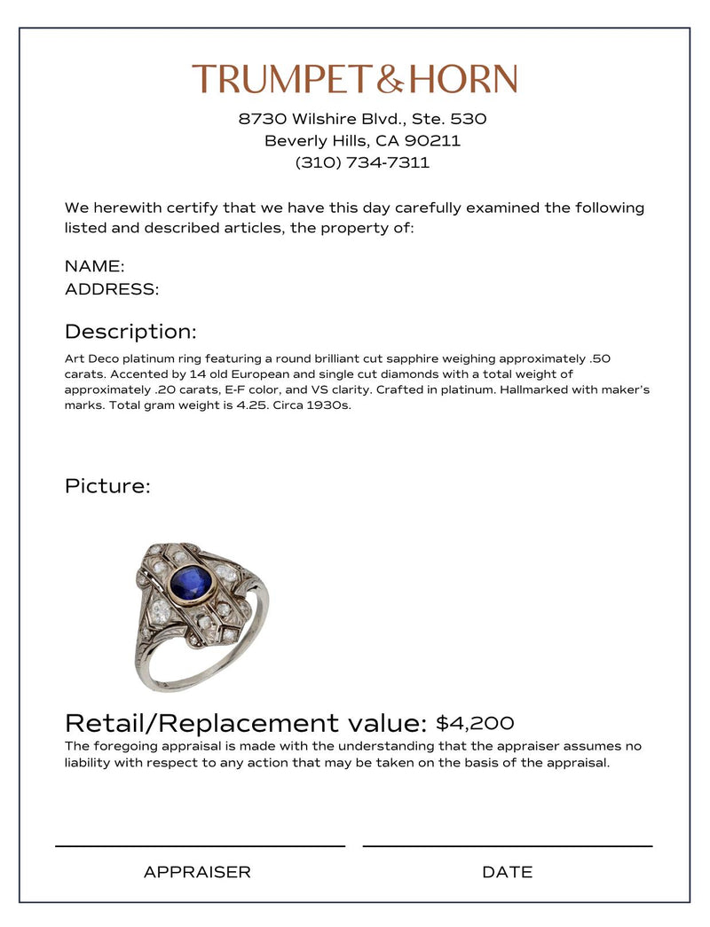 Art Deco sapphire diamond platinum ring