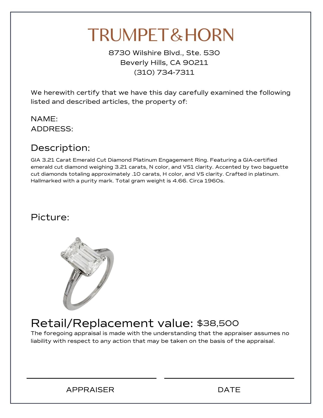 GIA 3.21 carat emerald cut diamond platinum engagement ring