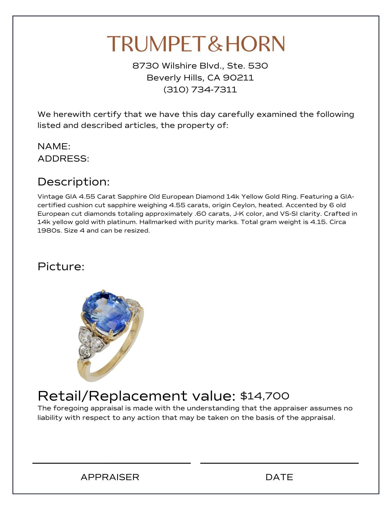 Vintage GIA 4.55 carat sapphire old European diamond 14k yellow gold ring