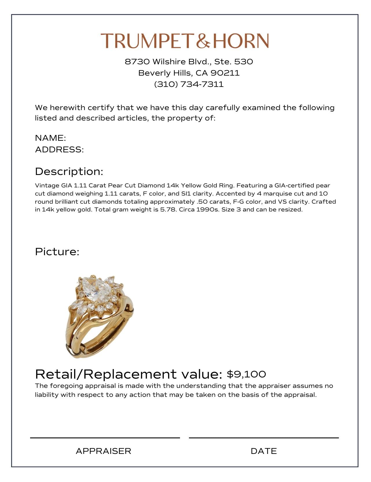 Vintage GIA 1.11 carat pear cut diamond 14k yellow gold ring