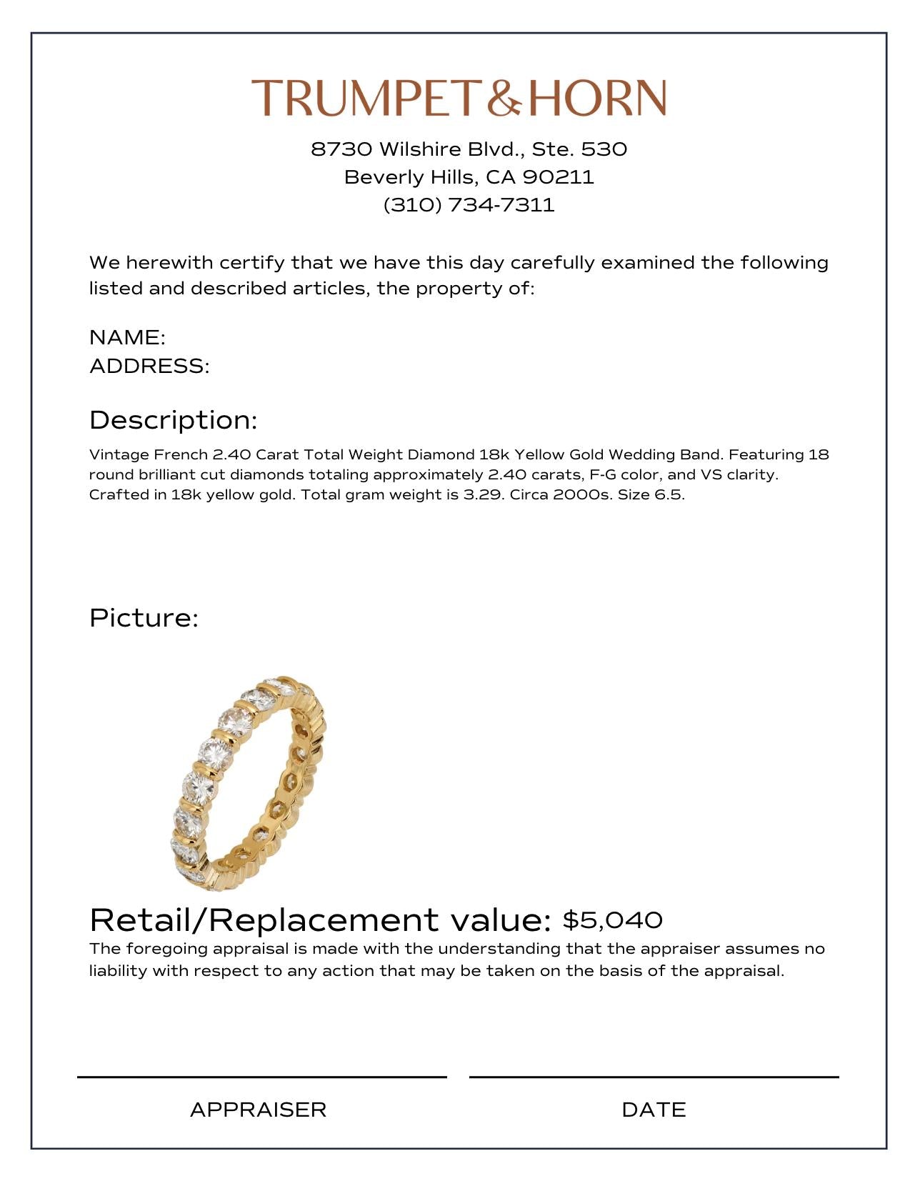 Vintage French 2.40 carat total weight diamond 18k yellow gold wedding band