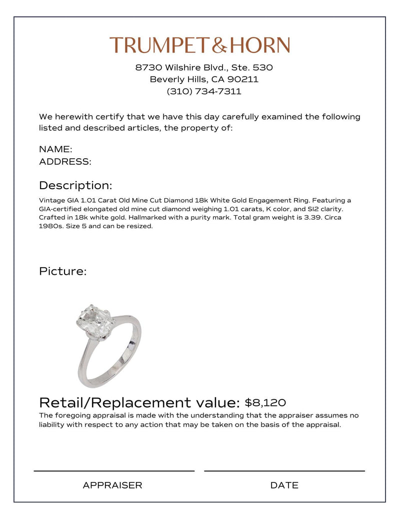 Vintage GIA 1.01 carat old mine cut diamond 18k white gold engagement ring