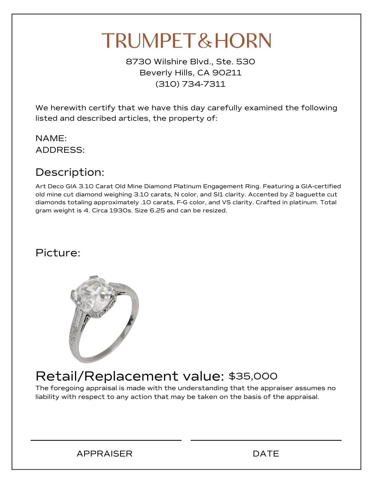 Art Deco GIA 3.10 carat old mine diamond platinum engagement ring