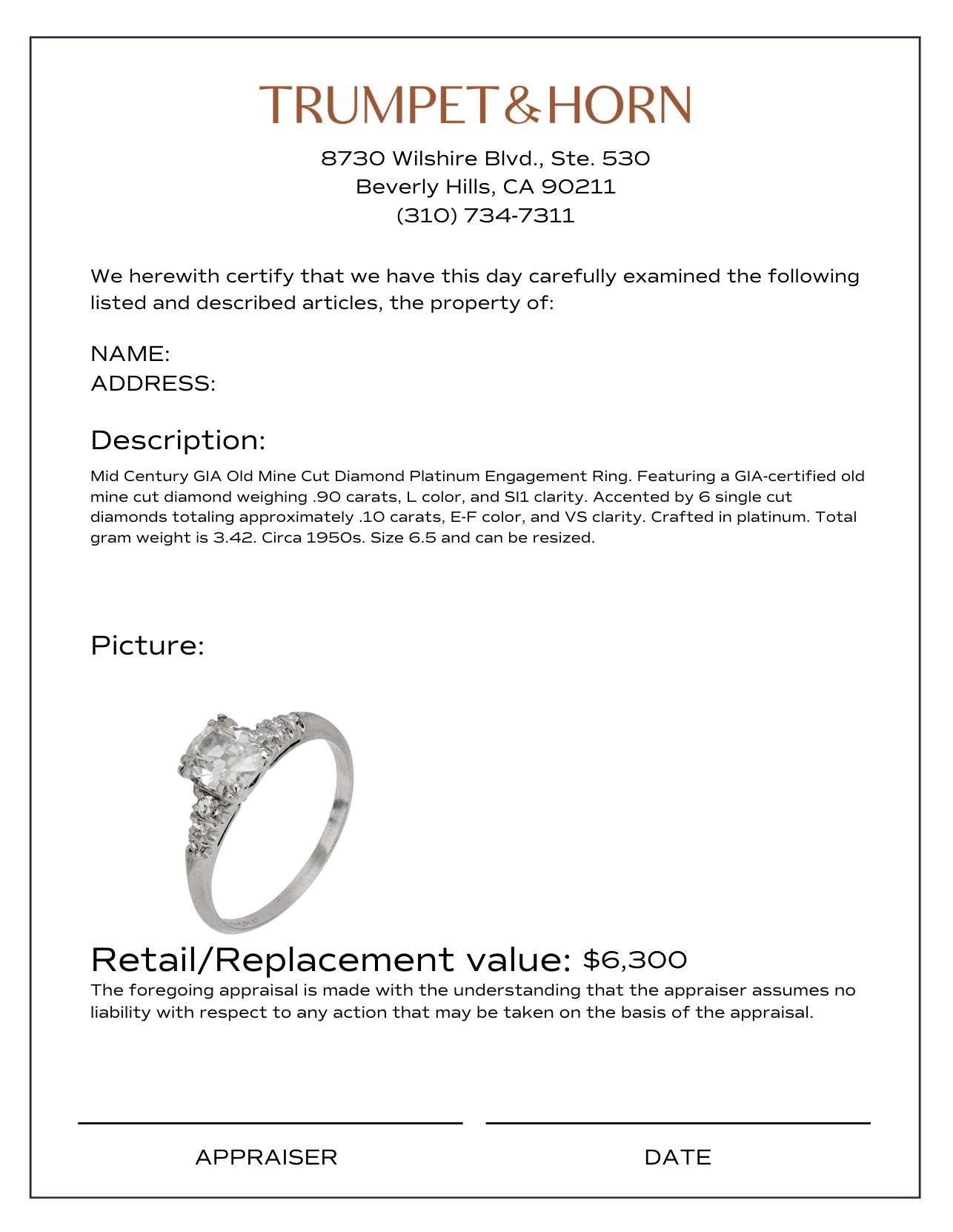 Mid Century GIA old mine cut diamond platinum engagement ring