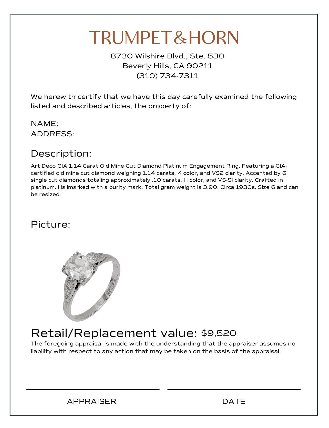 Art Deco GIA 1.14 carat old mine cut diamond platinum engagement ring