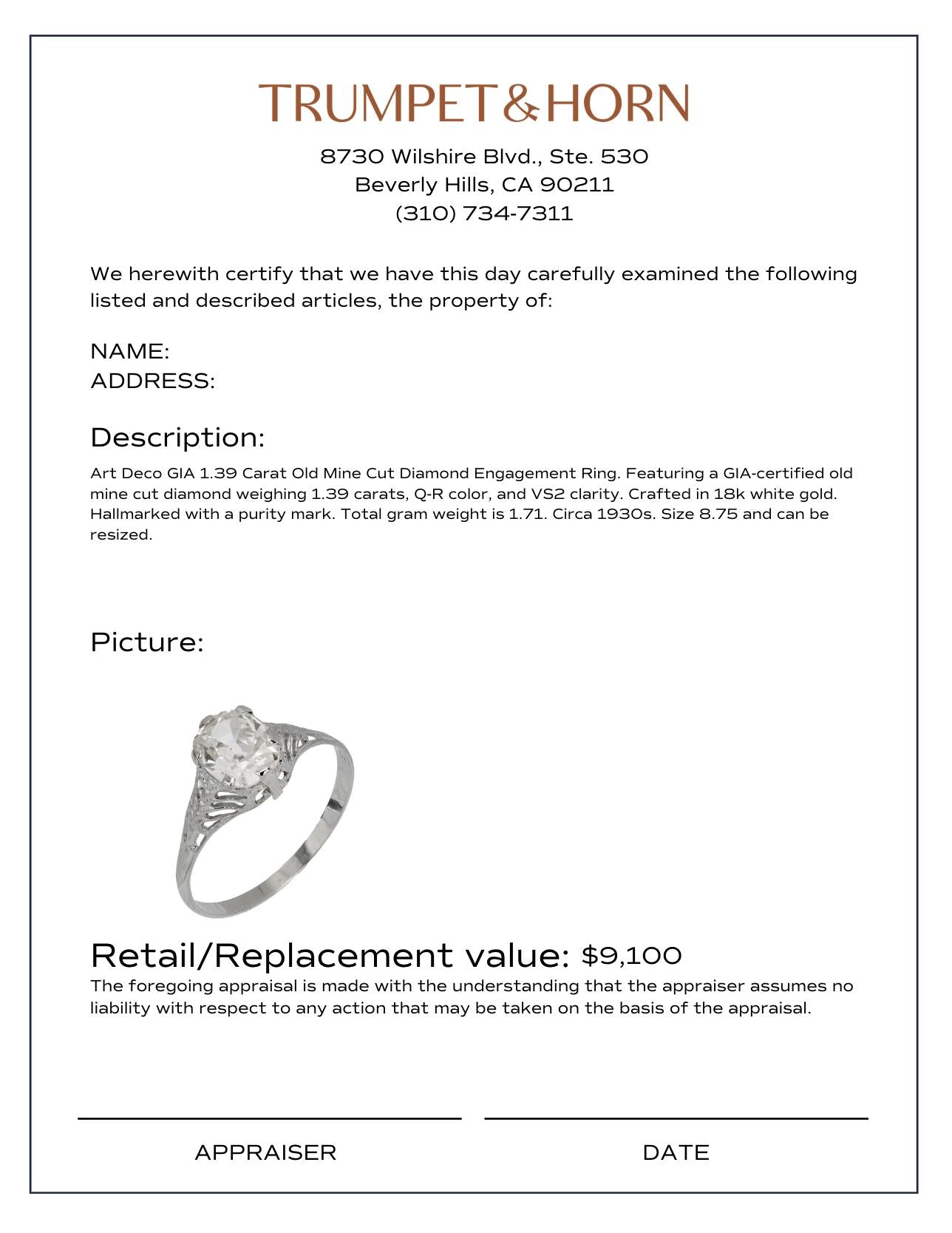 Art Deco GIA 1.39 carat old mine cut diamond engagement ring