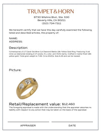 2.17 carat old mine cut diamond matte 18k gold three stone band