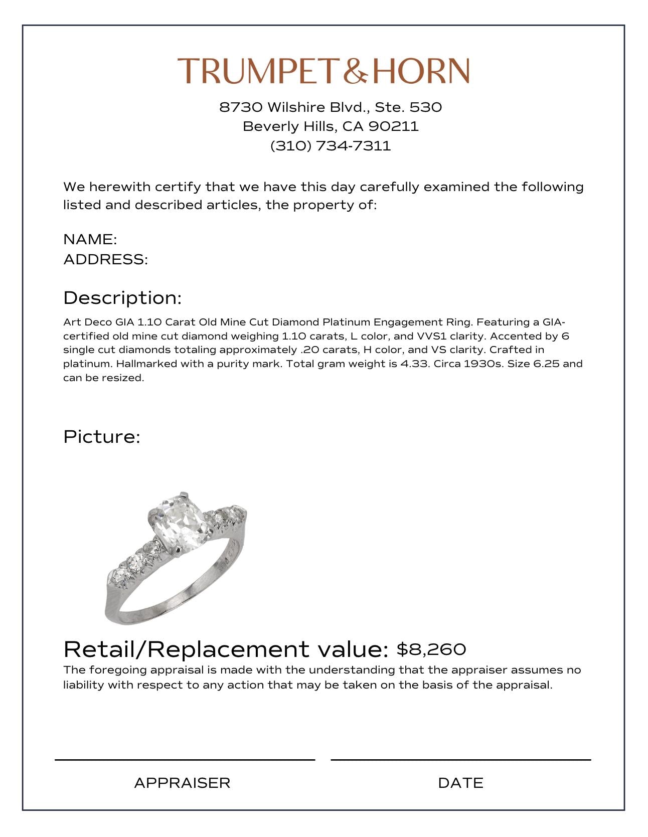 Art Deco GIA 1.10 carat old mine cut diamond platinum engagement ring