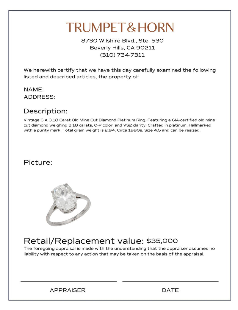 GIA 3.18 carat old mine cut diamond platinum engagement ring
