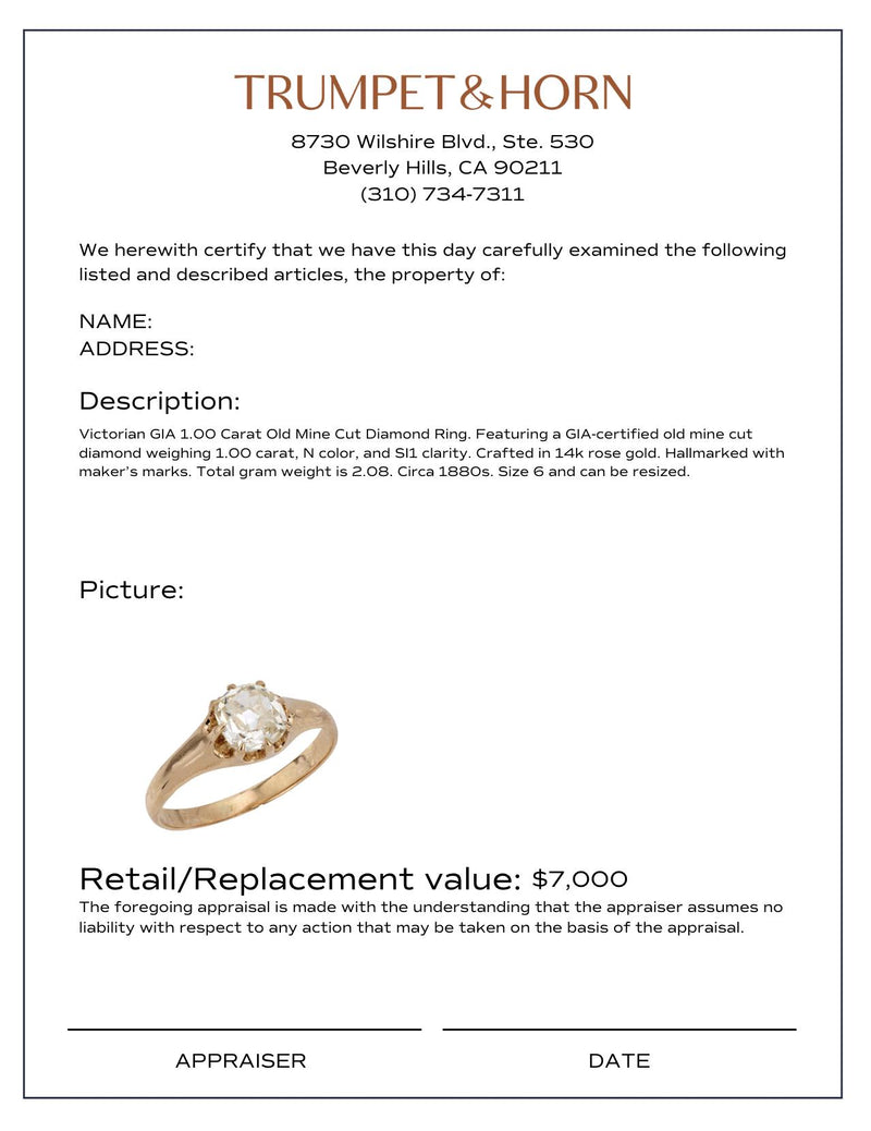 Victorian GIA 1 carat diamond 14k rose gold engagement ring