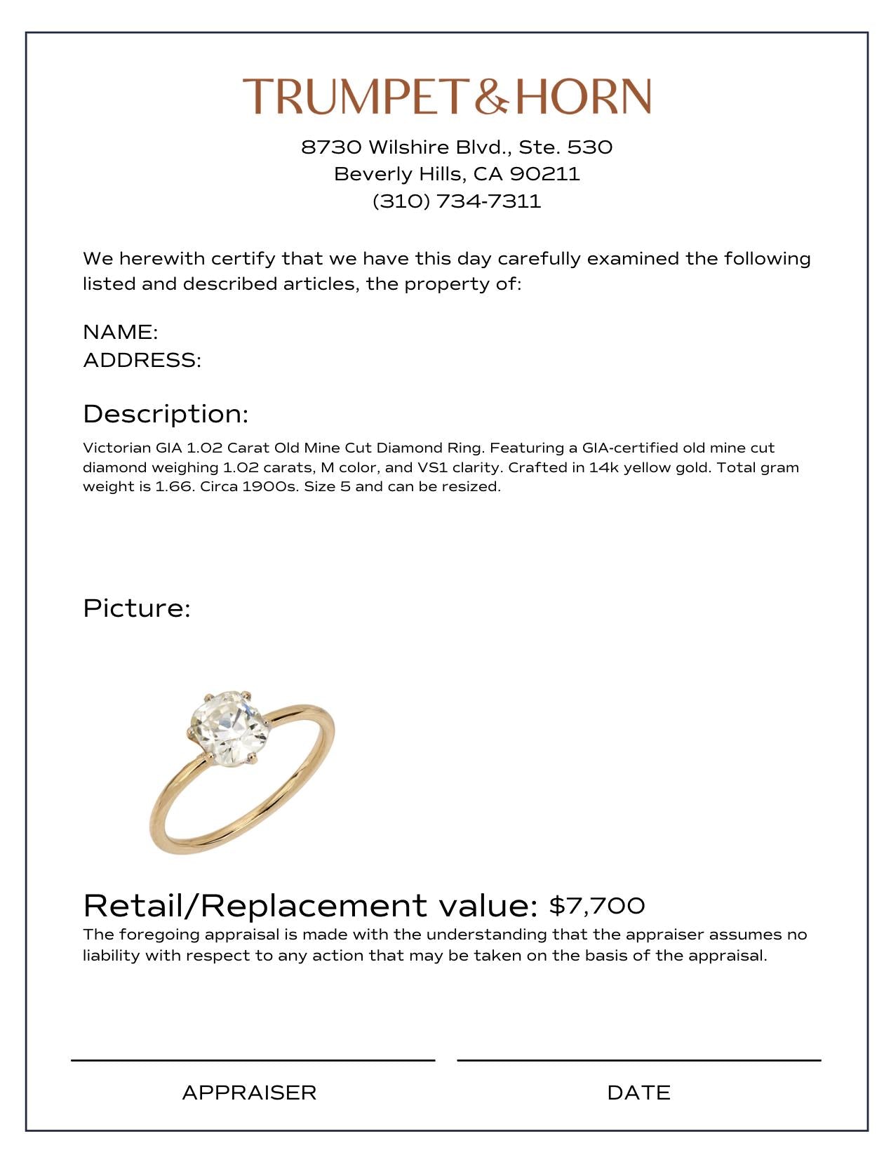 Victorian GIA 1.02 carat diamond 14k yellow gold solitaire ring