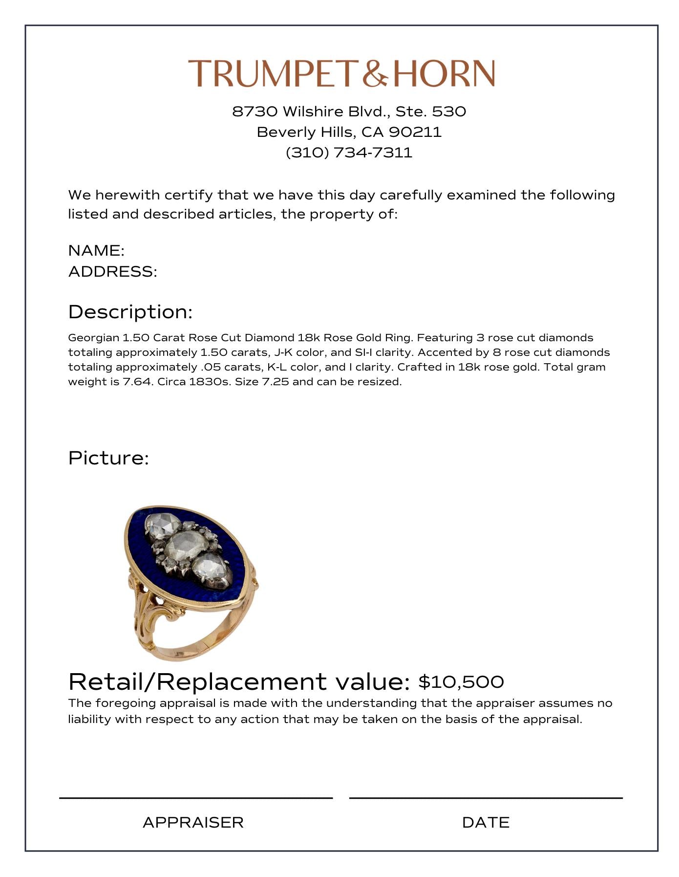 Georgian rose cut diamond blue enamel 18k rose gold navette ring