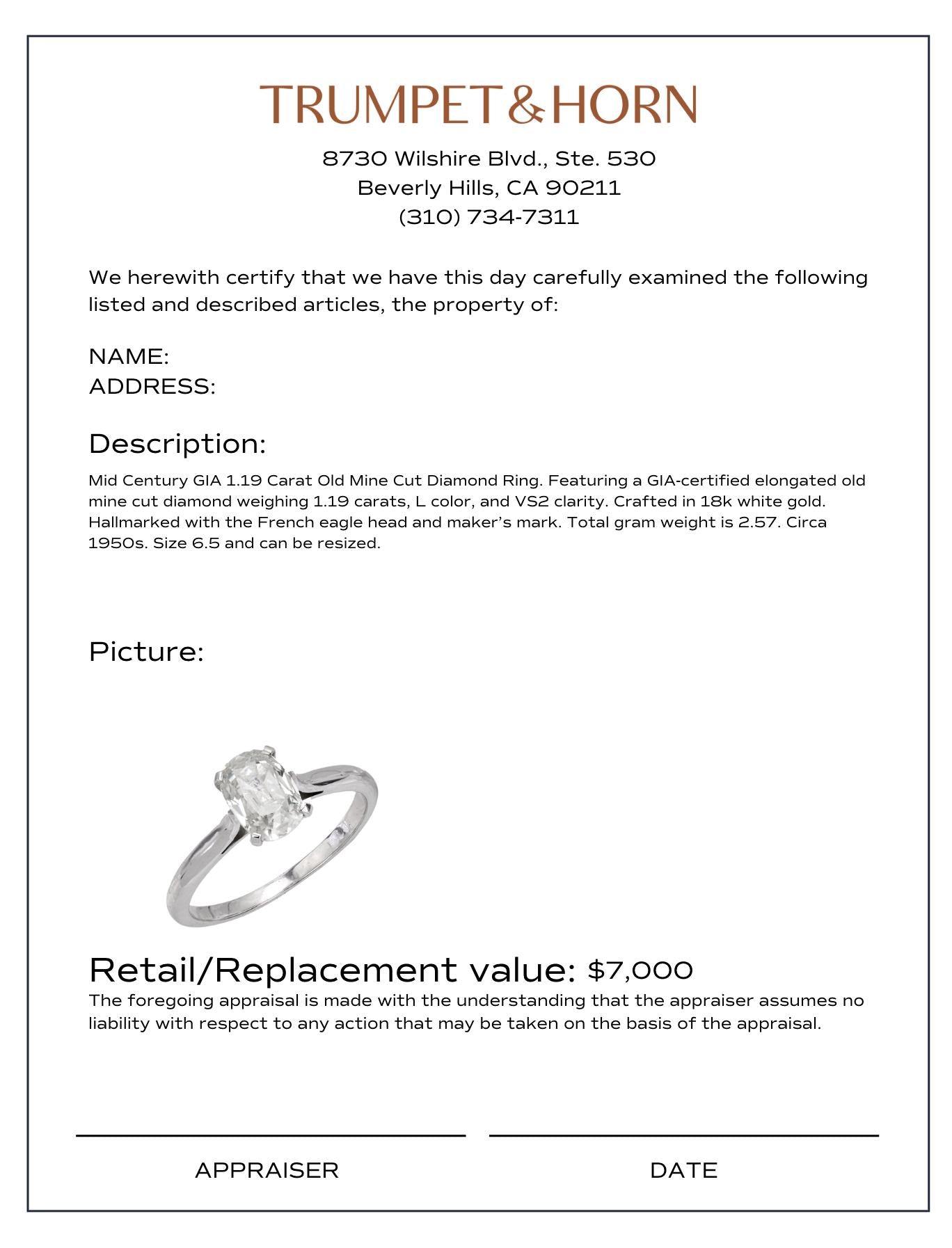 French GIA 1.19 carat diamond 18k white gold solitaire engagement ring