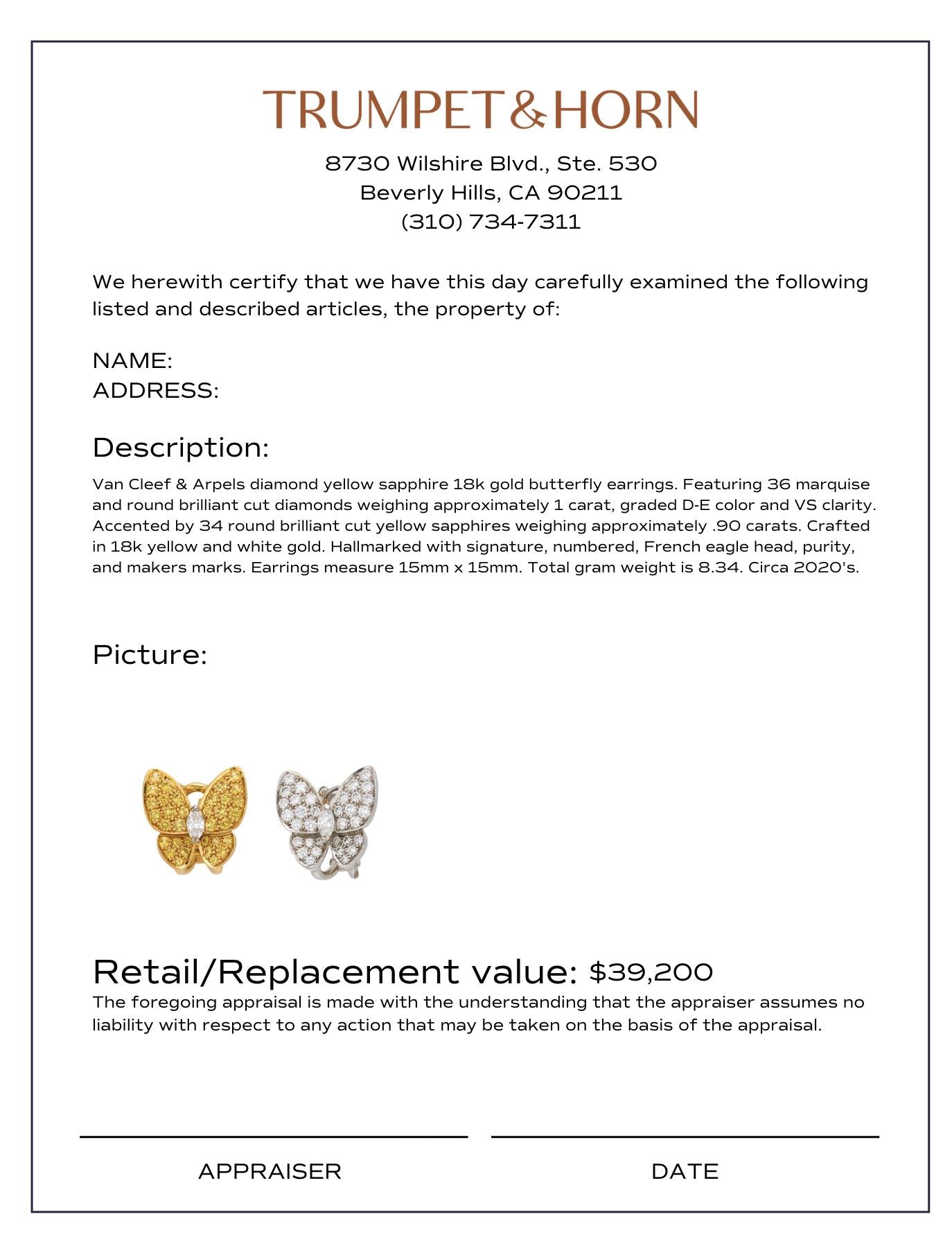 Van Cleef & Arpels diamond yellow sapphire 18k gold butterfly earrings