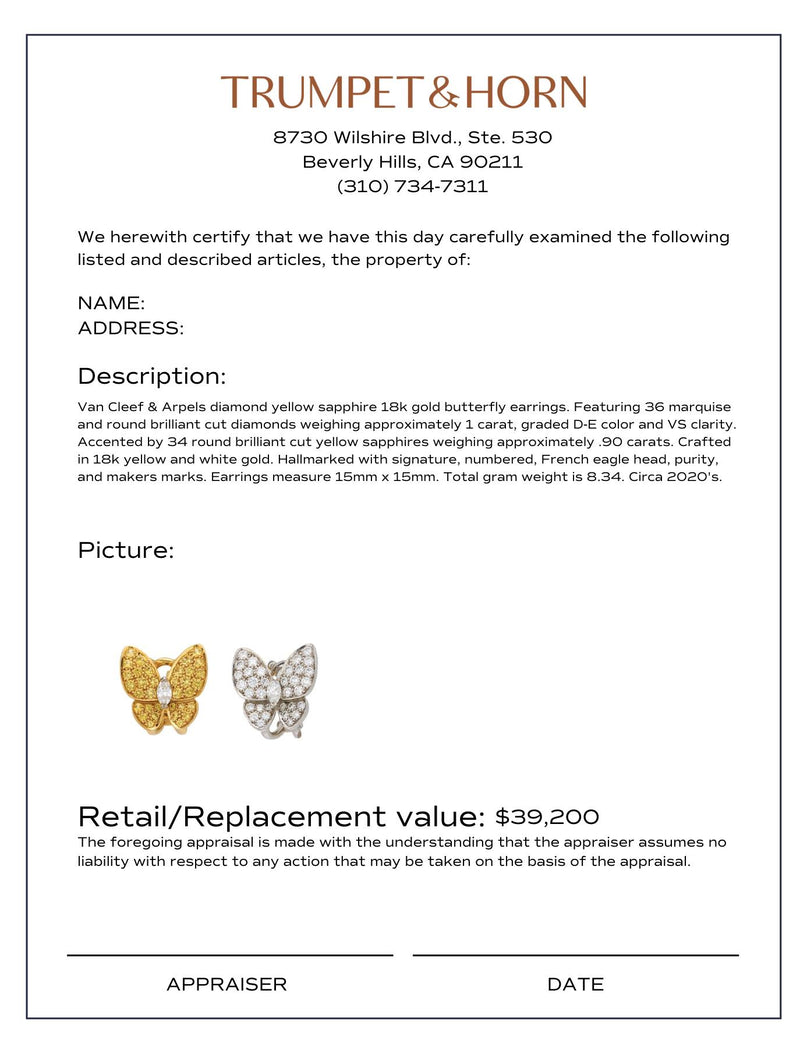 Van Cleef & Arpels diamond yellow sapphire 18k gold butterfly earrings