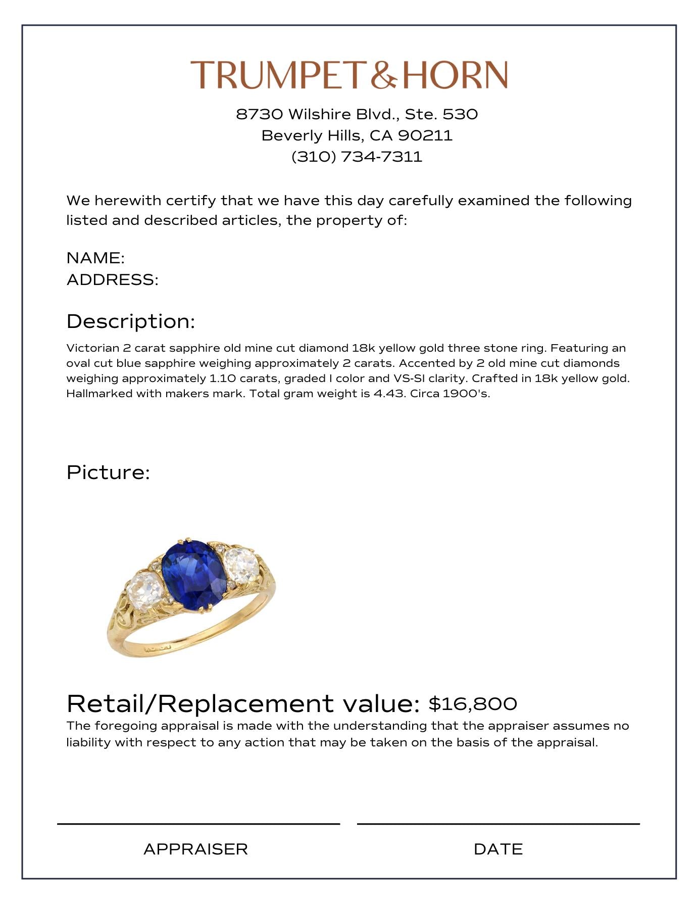 Victorian 2 carat sapphire old mine cut diamond 18k yellow gold three stone ring