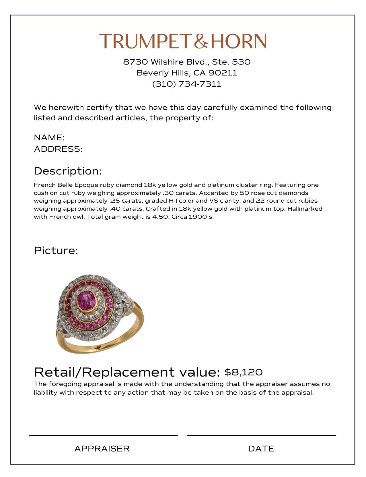 French Belle Epoque ruby diamond 18k yellow gold and platinum cluster ring