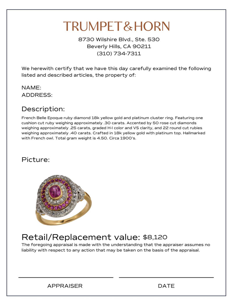 French Belle Epoque ruby diamond 18k yellow gold and platinum cluster ring
