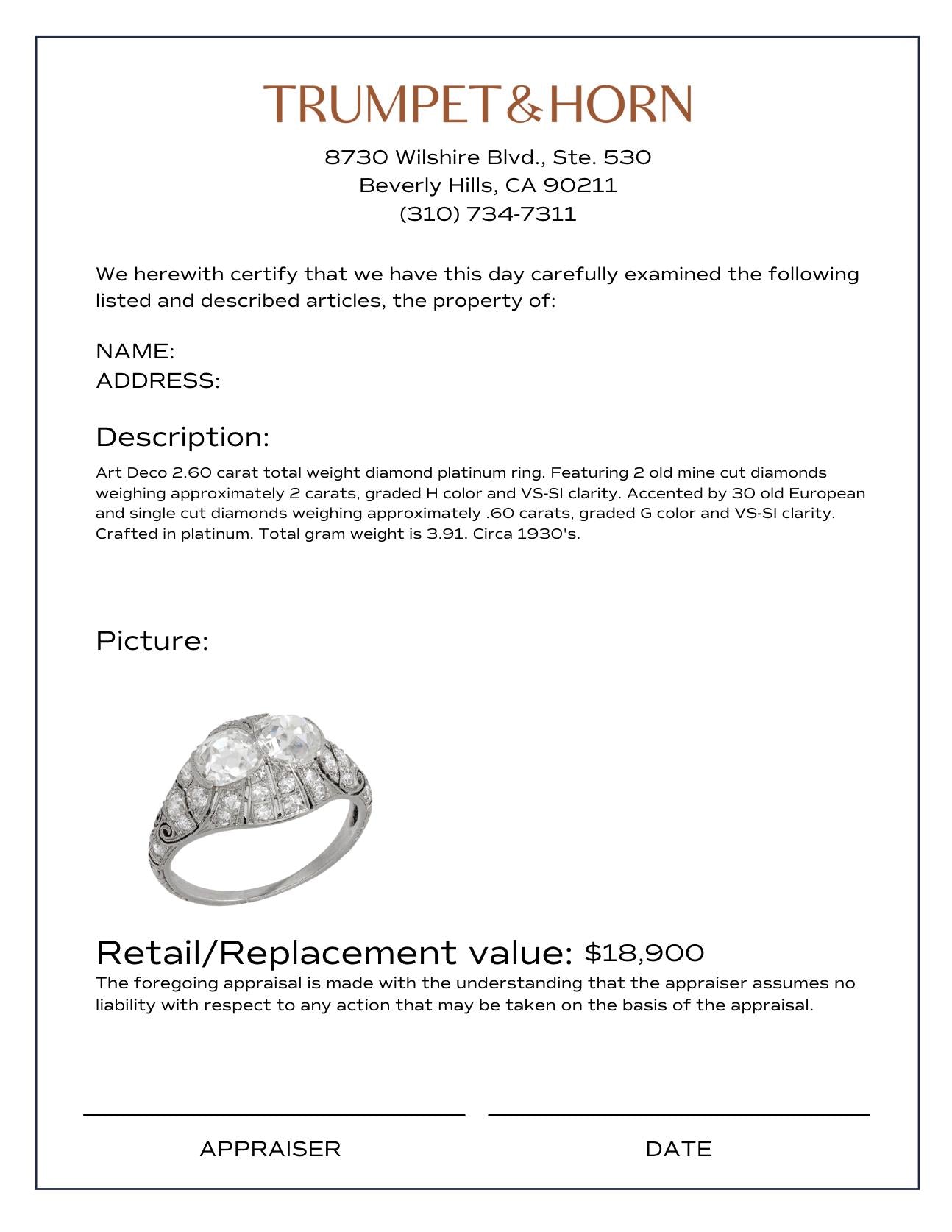 Art Deco 2.60 carat total weight diamond platinum ring