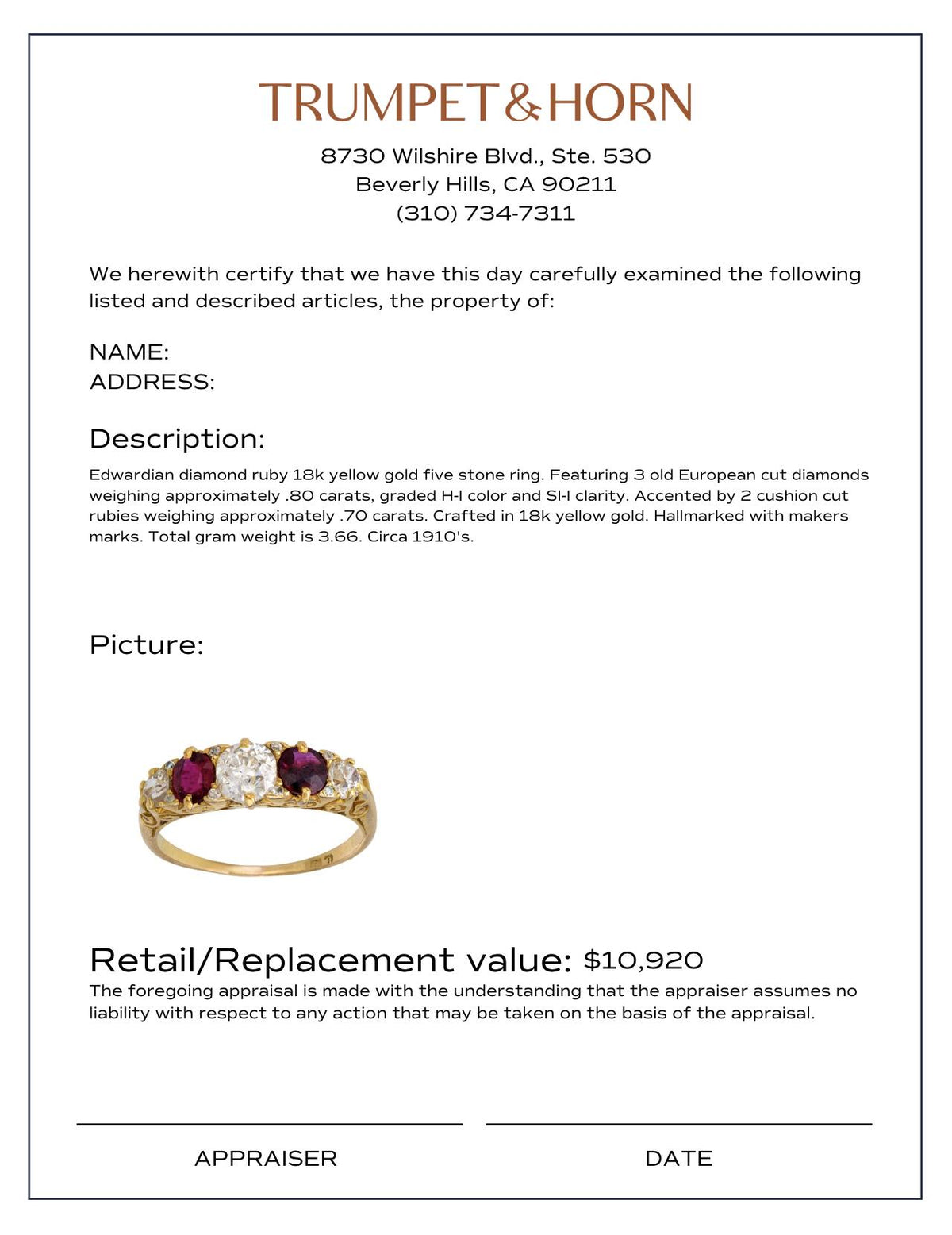 Edwardian diamond ruby 18k yellow gold 5 stone ring