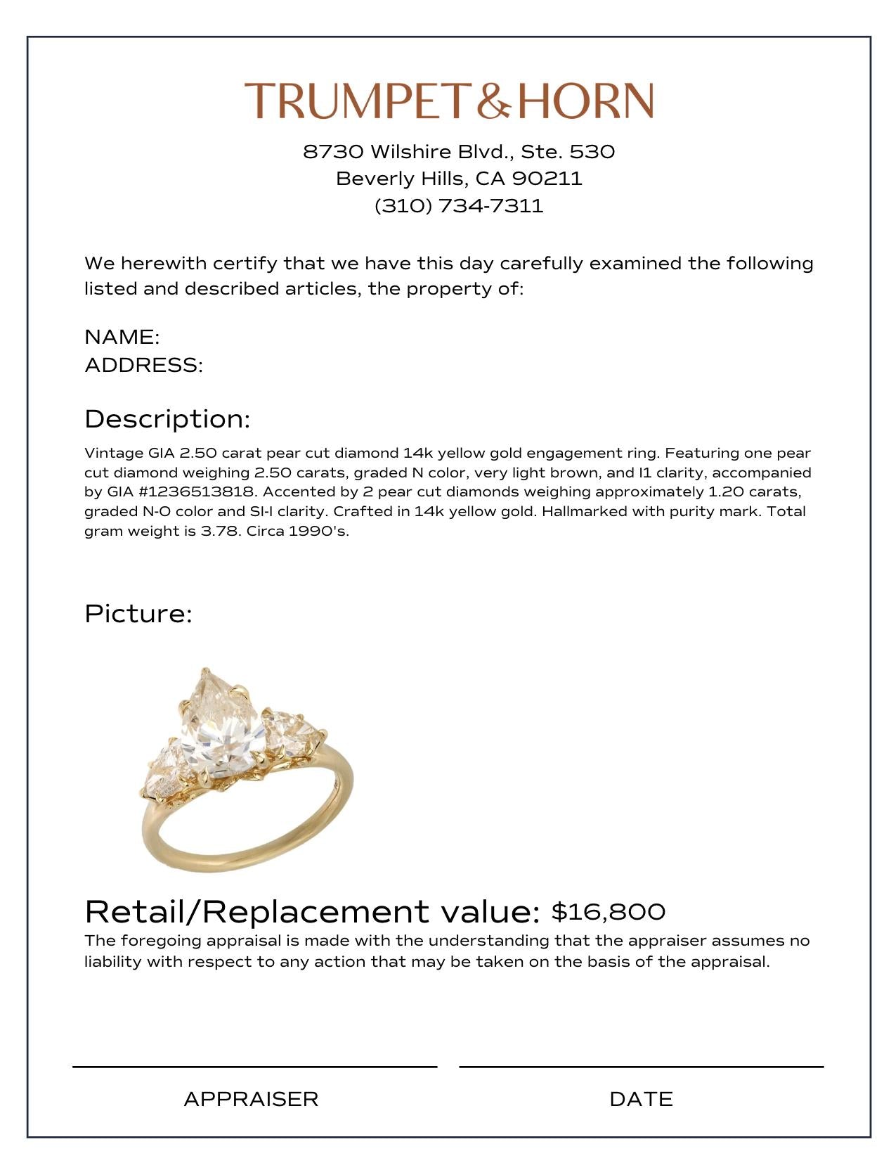 Vintage GIA 2.50 carat pear cut diamond 14k yellow gold engagement ring