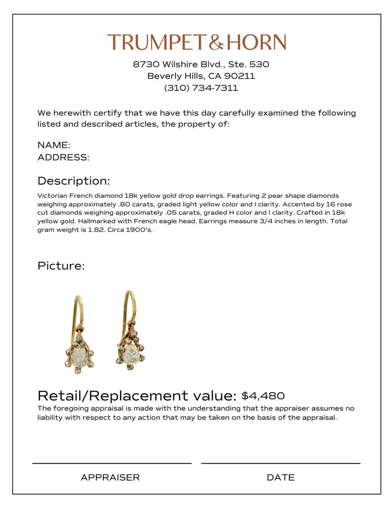 Victorian French diamond 18k yellow gold drop earrings