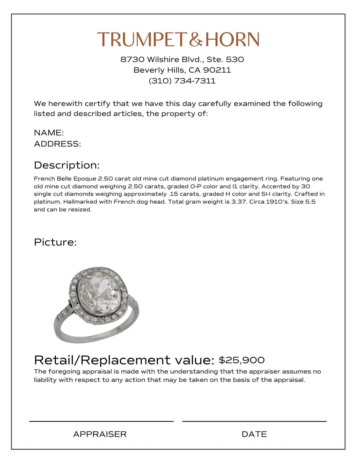 French Belle Epoque 2.50 carat old mine cut diamond platinum engagement ring