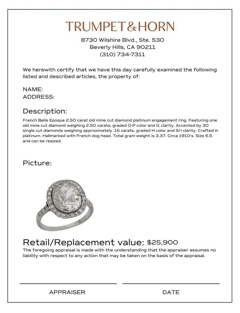 French Belle Epoque 2.50 carat old mine cut diamond platinum engagement ring