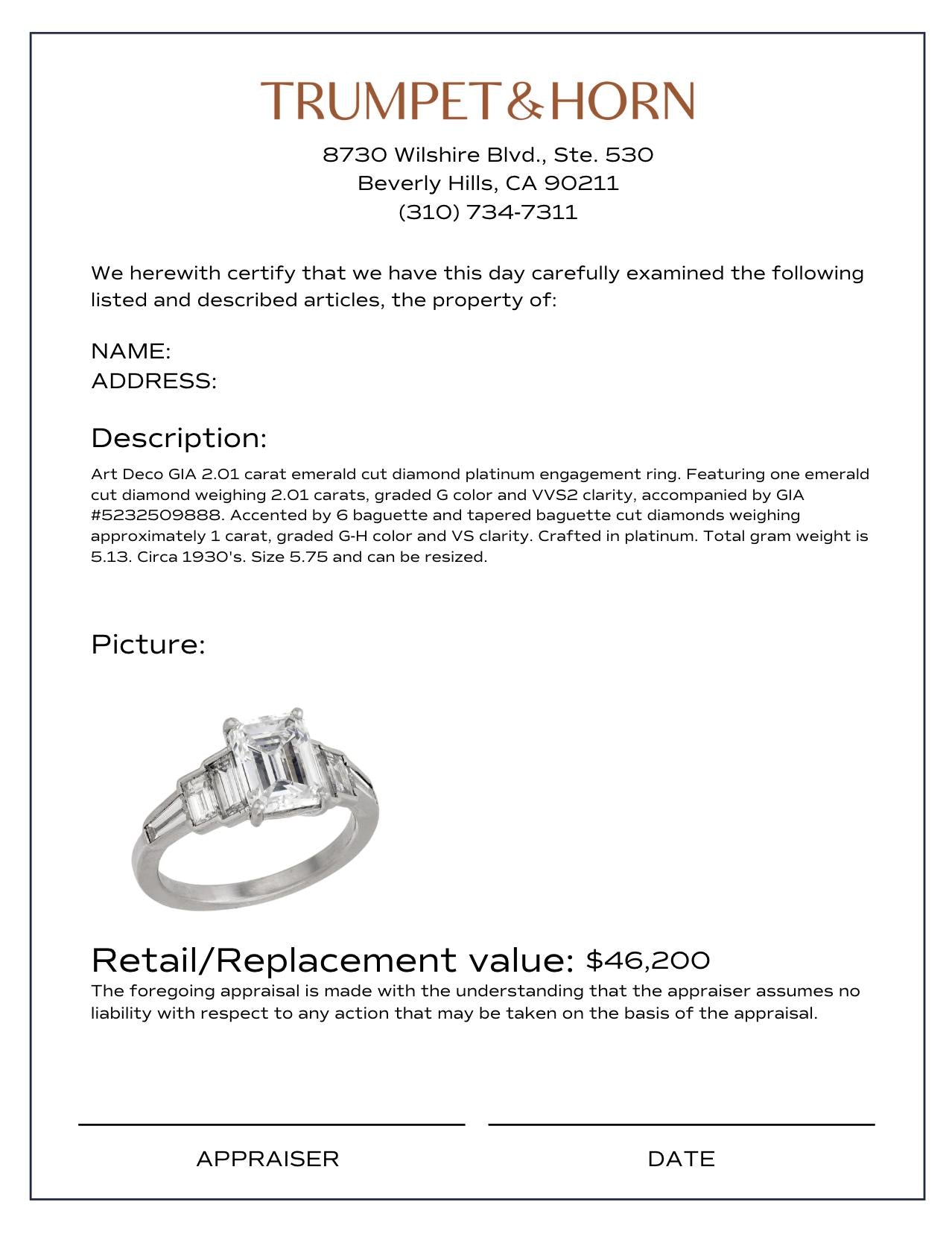 Art Deco GIA 2.01 carat emerald cut diamond platinum engagement ring