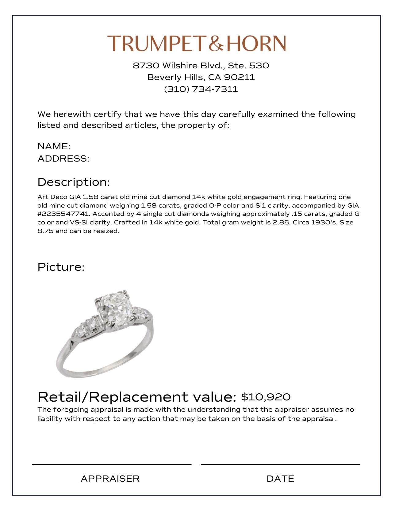 Art Deco GIA 1.58 carat old mine cut diamond 14k white gold engagement ring