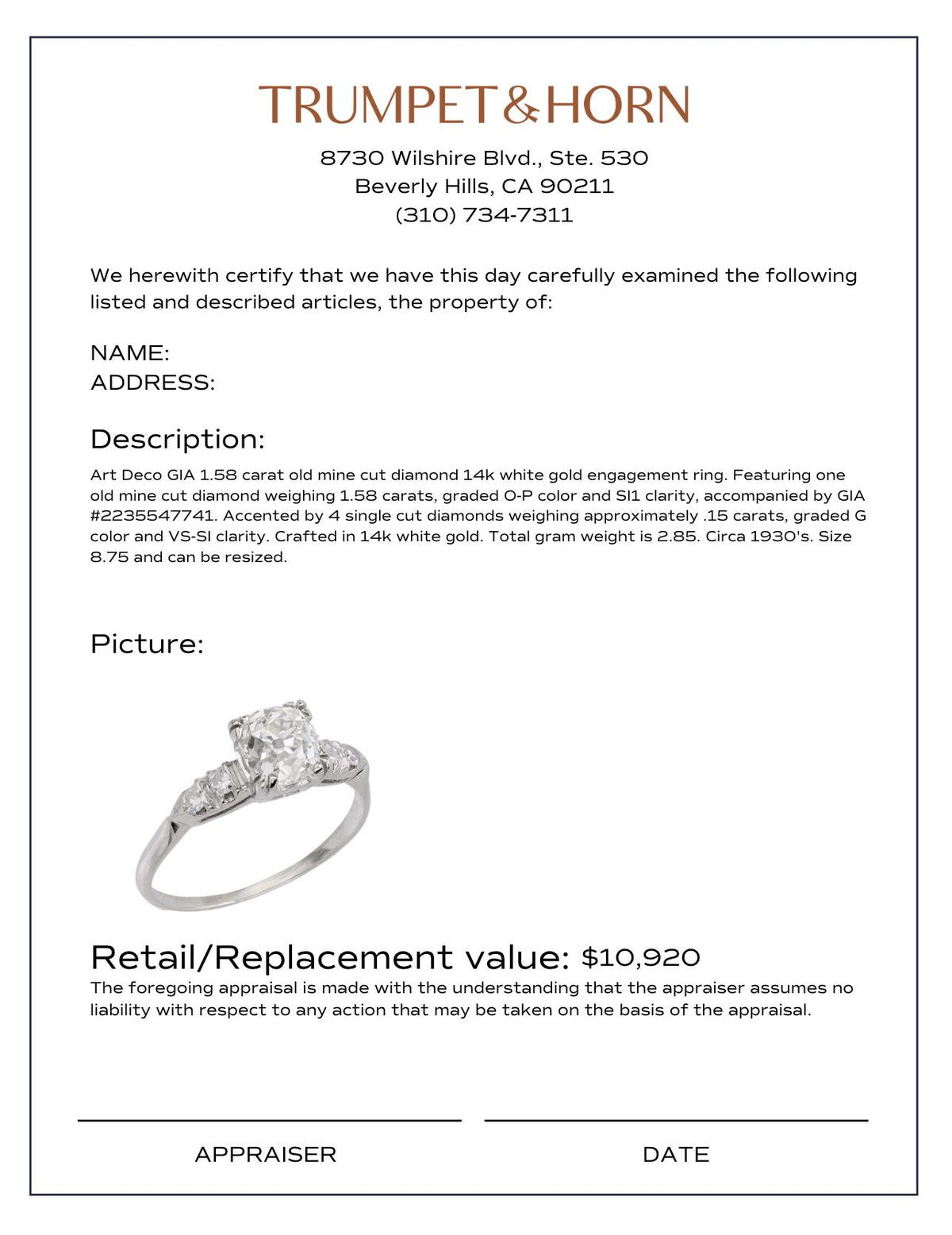 Art Deco GIA 1.58 carat old mine cut diamond 14k white gold engagement ring