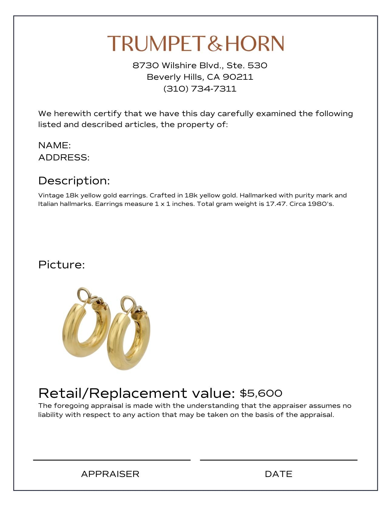 Vintage Italian 18k yellow gold hoop earrings
