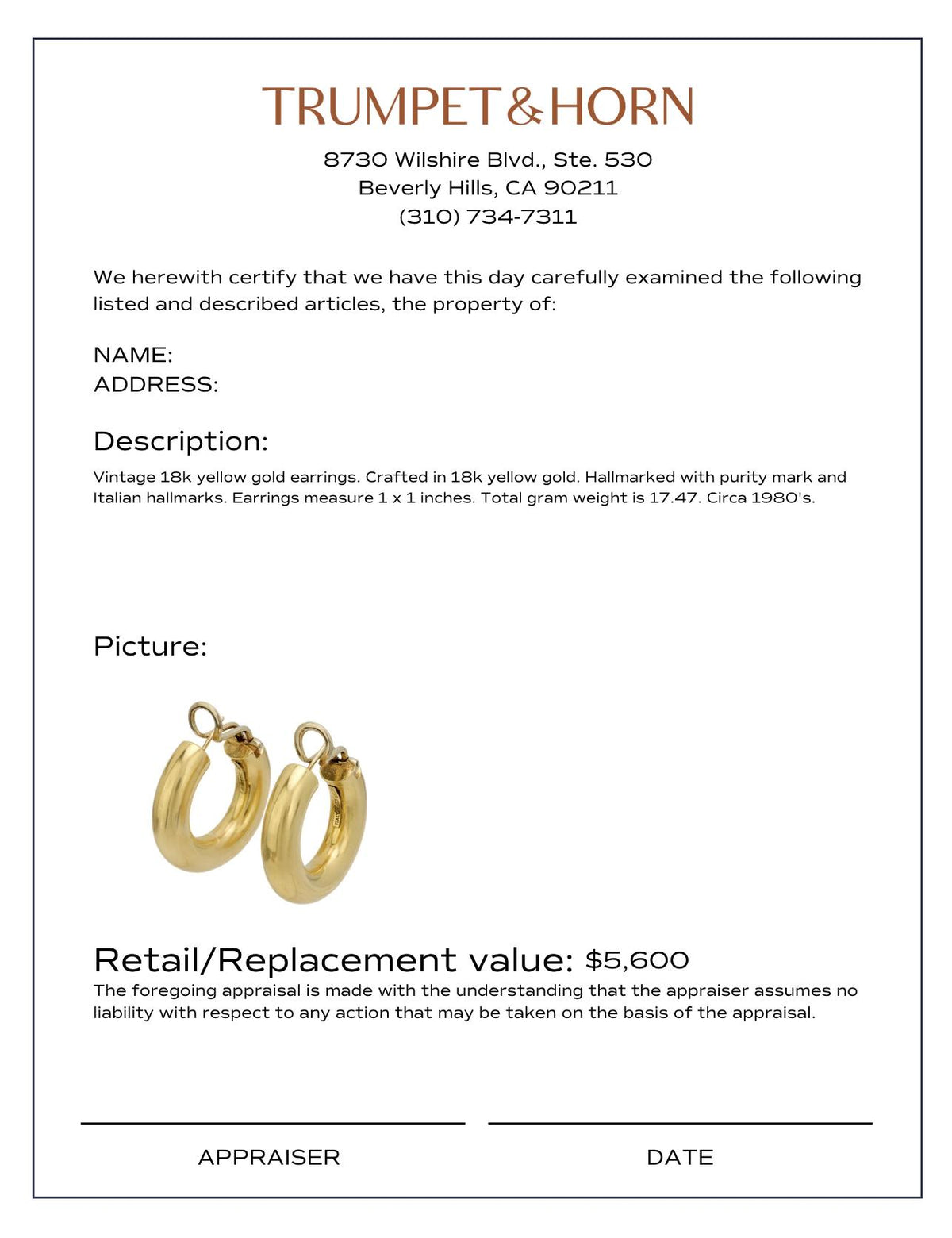 Vintage Italian 18k yellow gold hoop earrings
