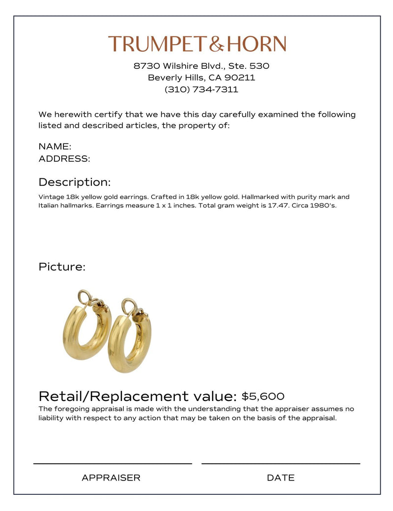 Vintage Italian 18k yellow gold hoop earrings