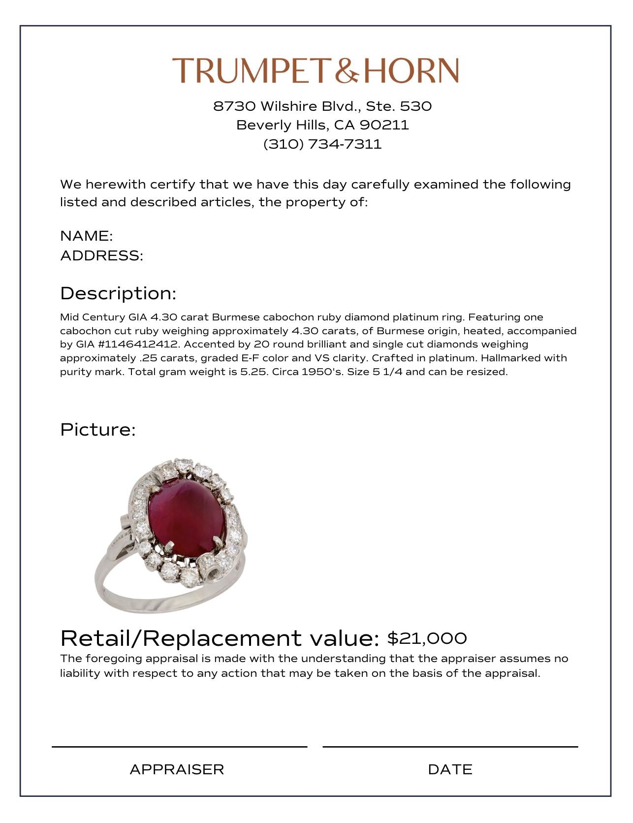 Mid Century 4.30 carat cabochon cut Burma ruby diamond platinum ring
