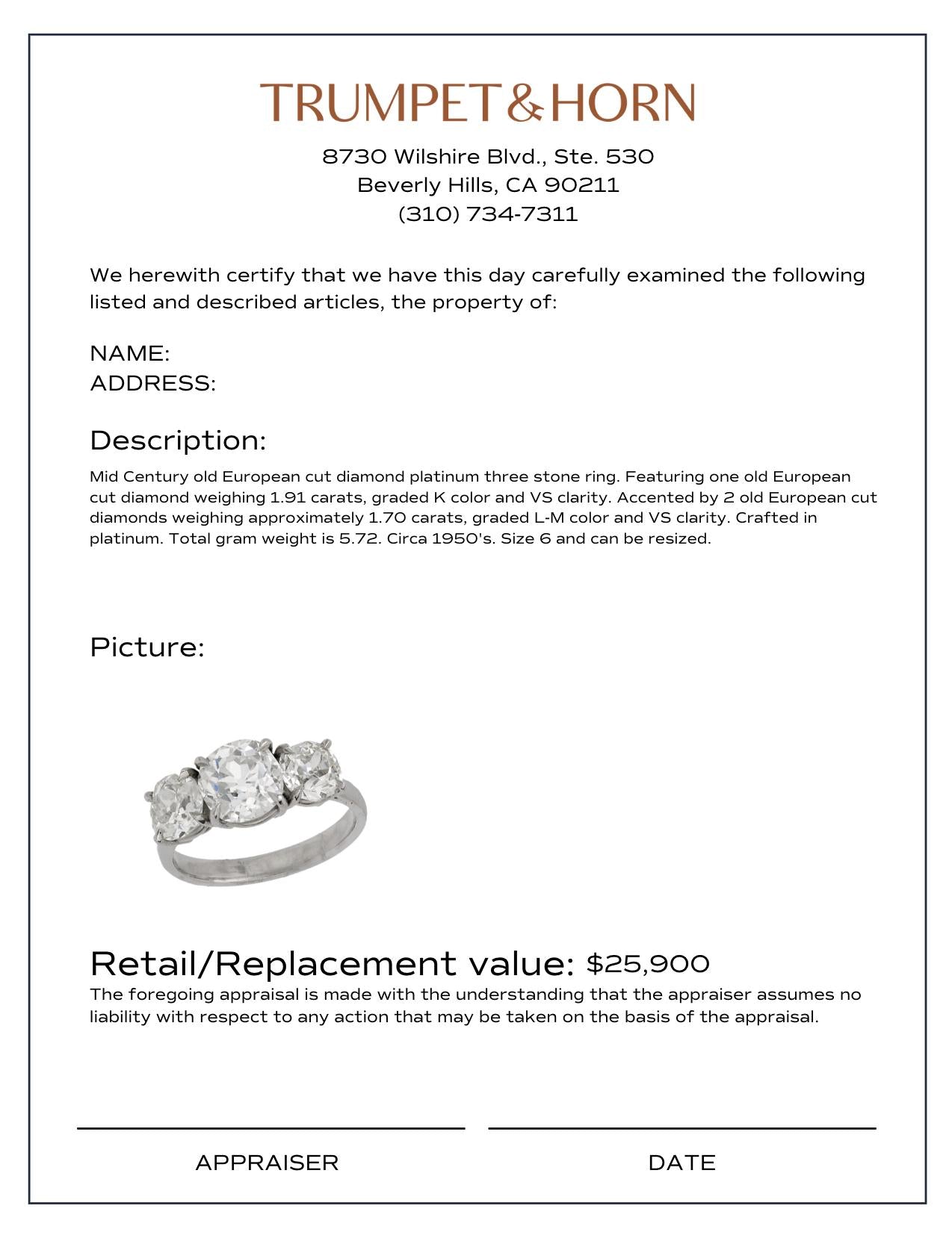 Mid Century 3.61 carat total diamond weight platinum 3 stone ring