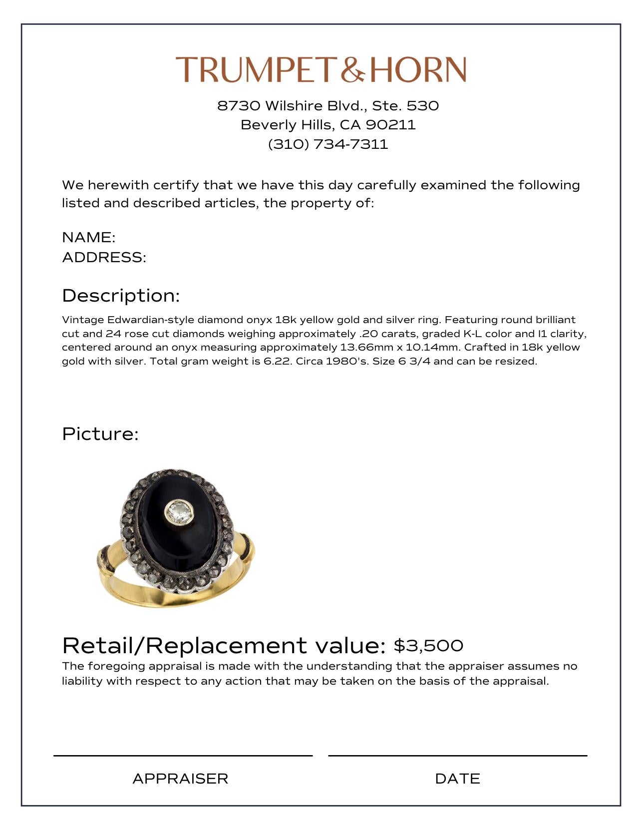 Vintage diamond onyx 18k yellow gold and silver ring