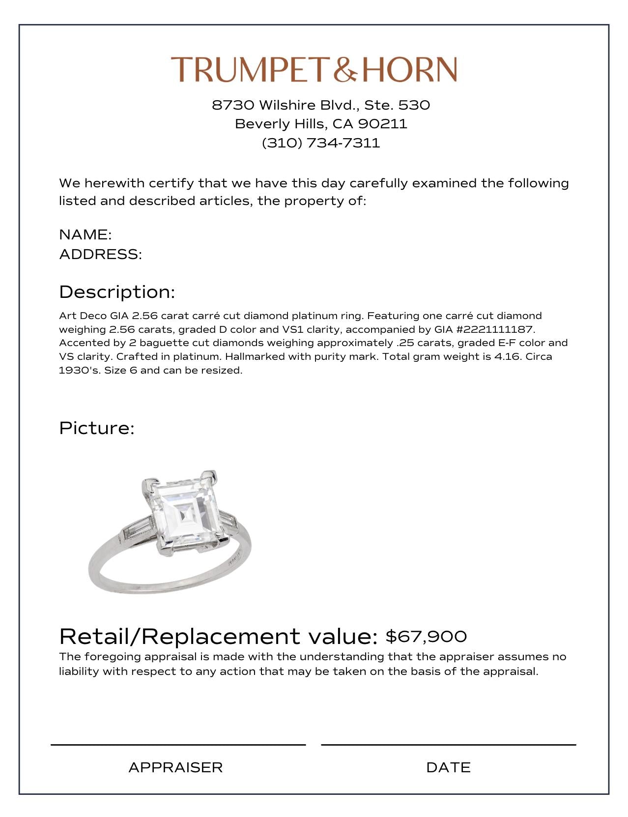 Art Deco GIA 2.56 carat carré cut diamond platinum engagement ring