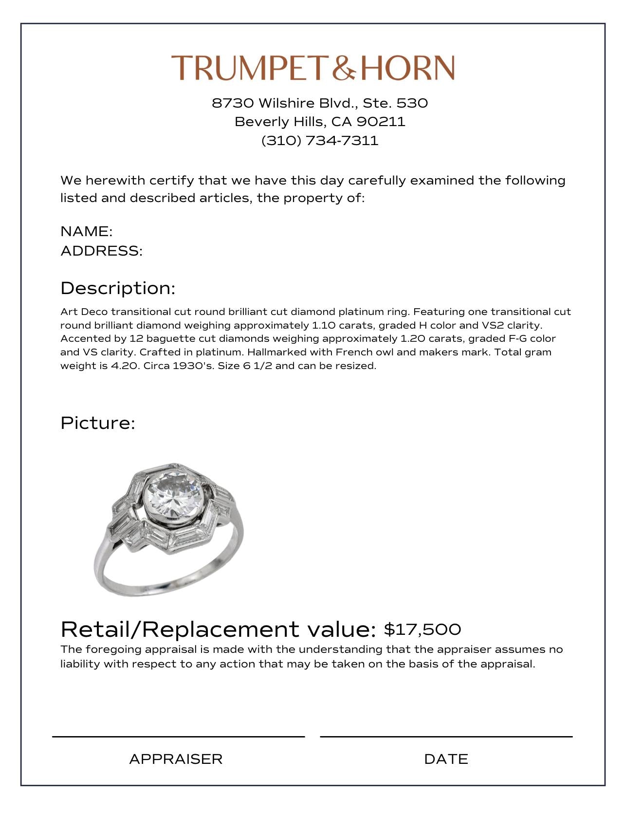 French Art Deco 1.10 carat diamond platinum engagement ring