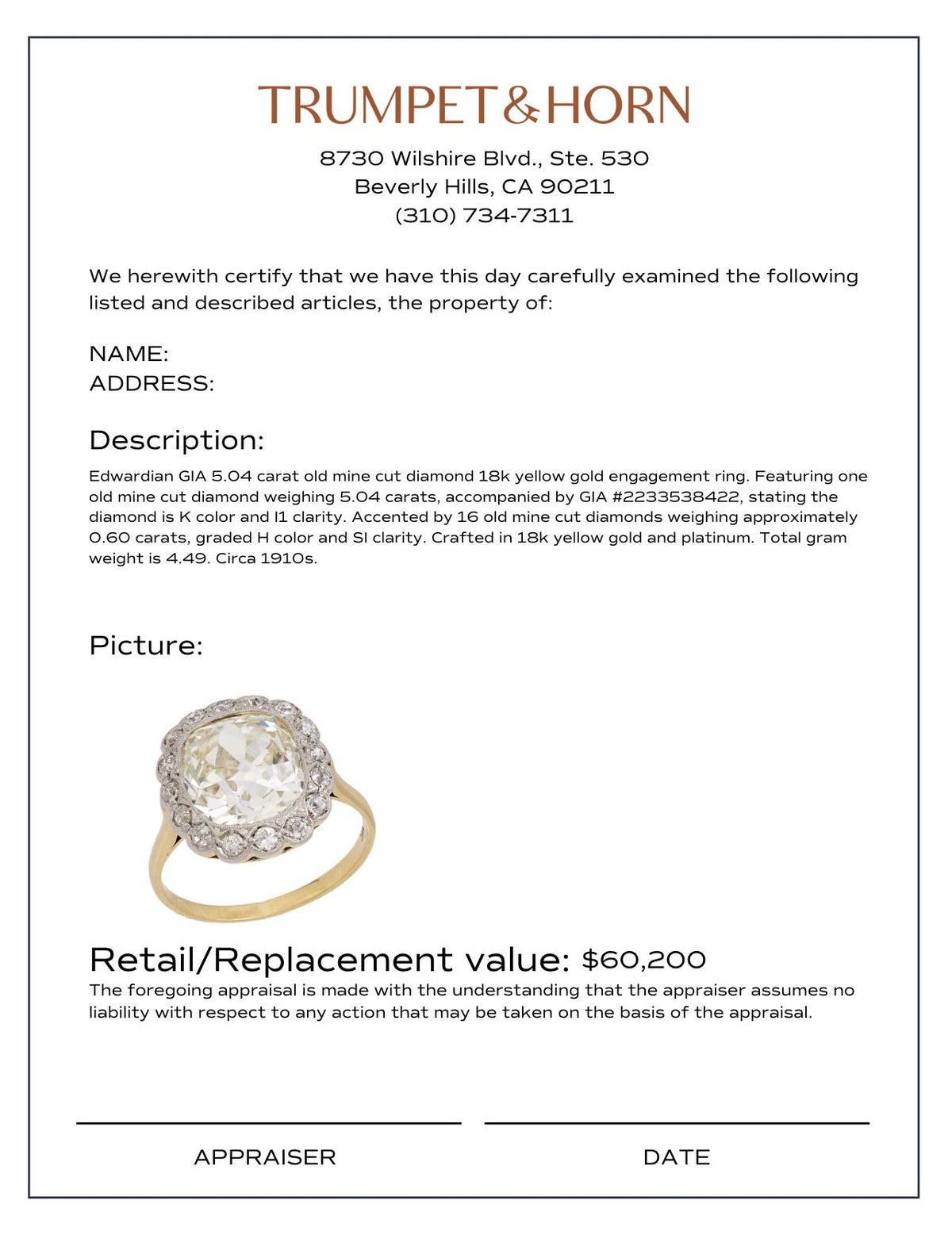 Edwardian GIA 5.04 carat old mine cut diamond 18k yellow gold engagement ring