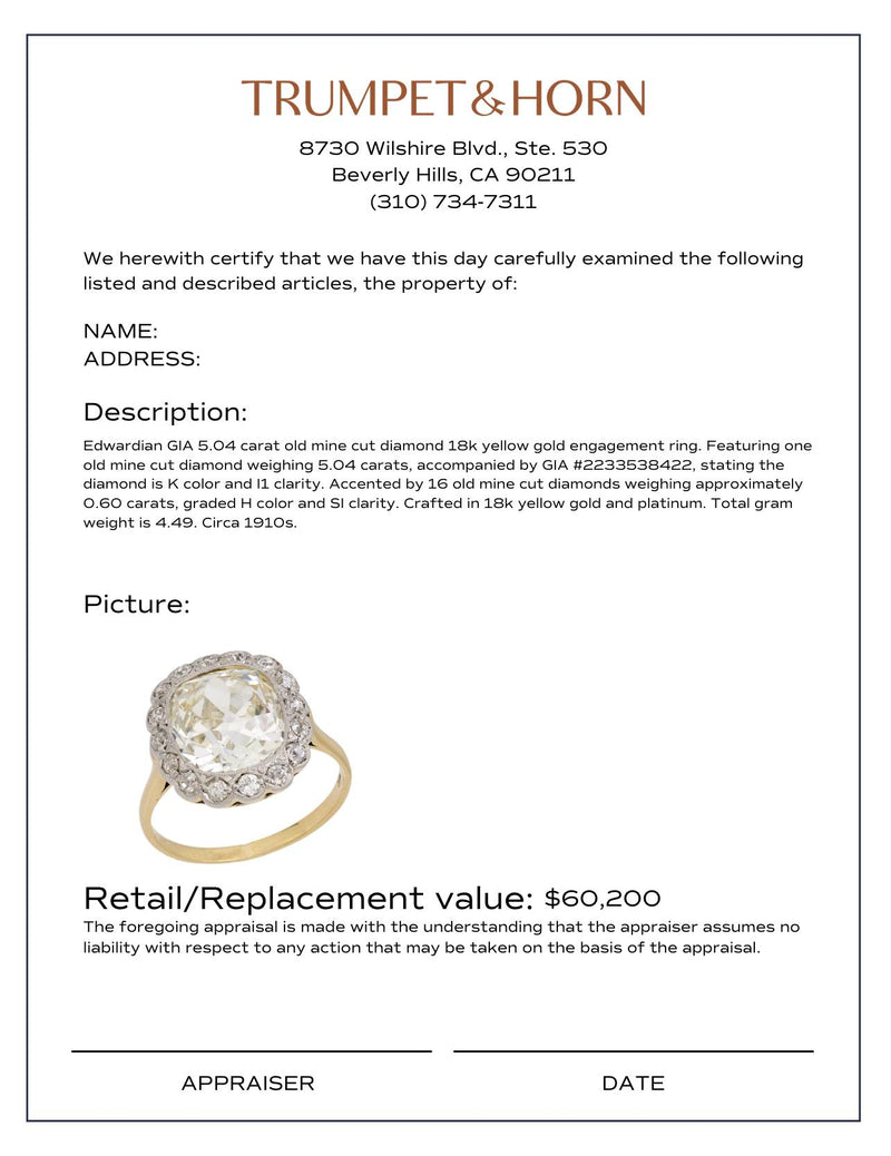 Edwardian GIA 5.04 carat old mine cut diamond 18k yellow gold engagement ring