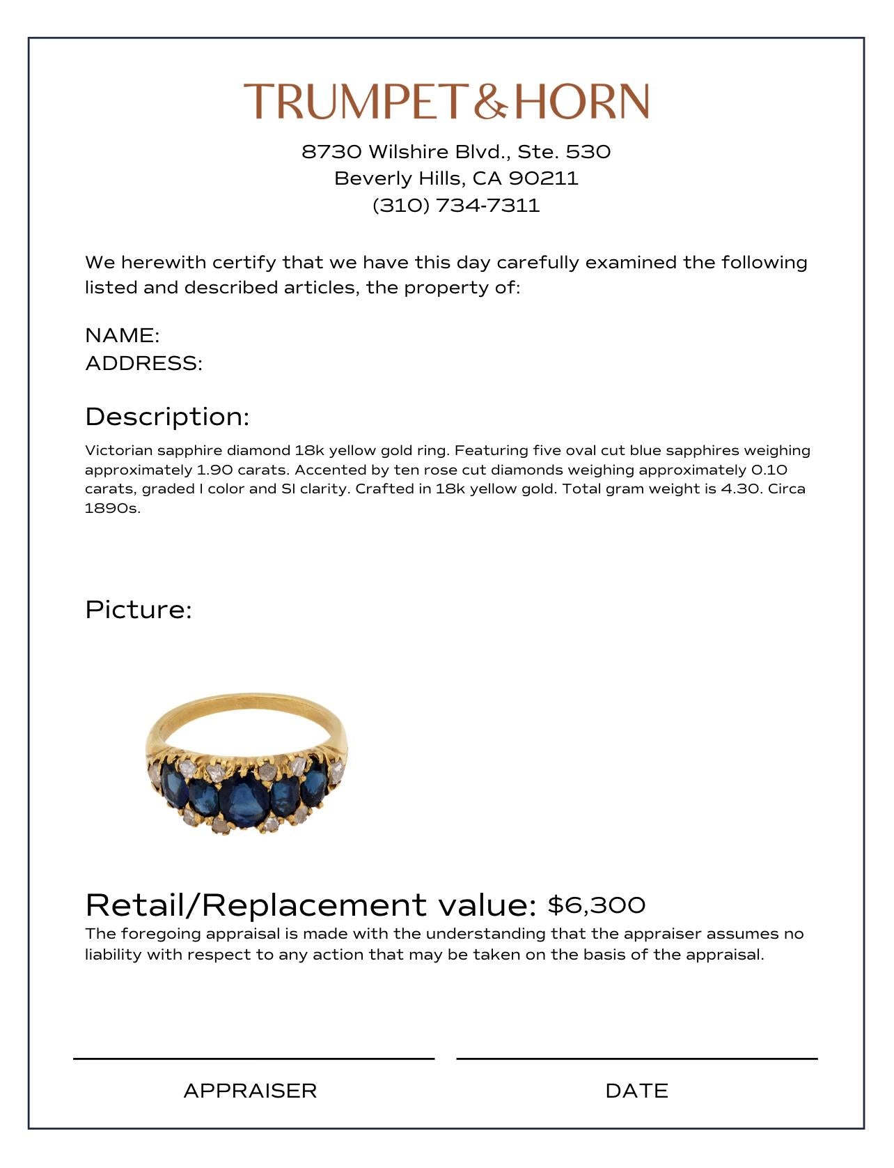 Victorian sapphire diamond 18k yellow gold ring