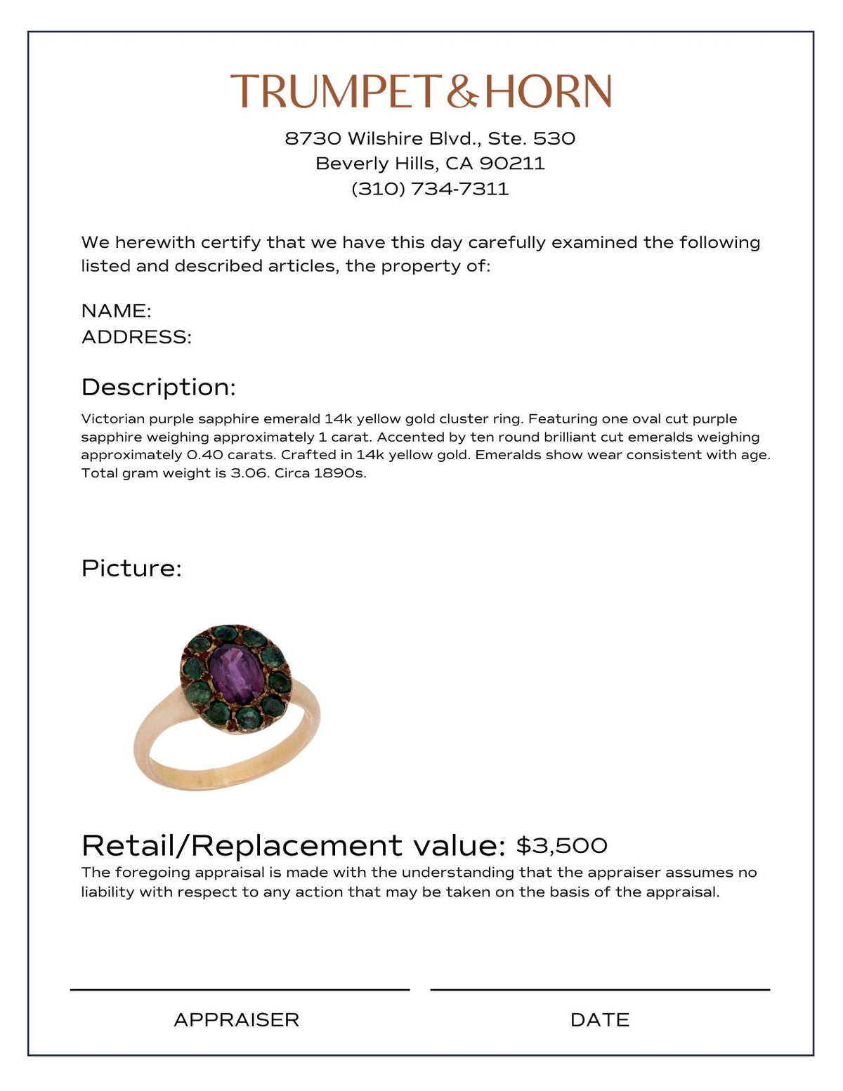 Victorian purple sapphire emerald 14k yellow gold cluster ring