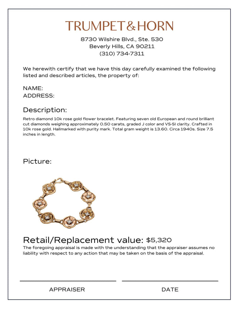 Retro diamond 10k rose gold flower bracelet