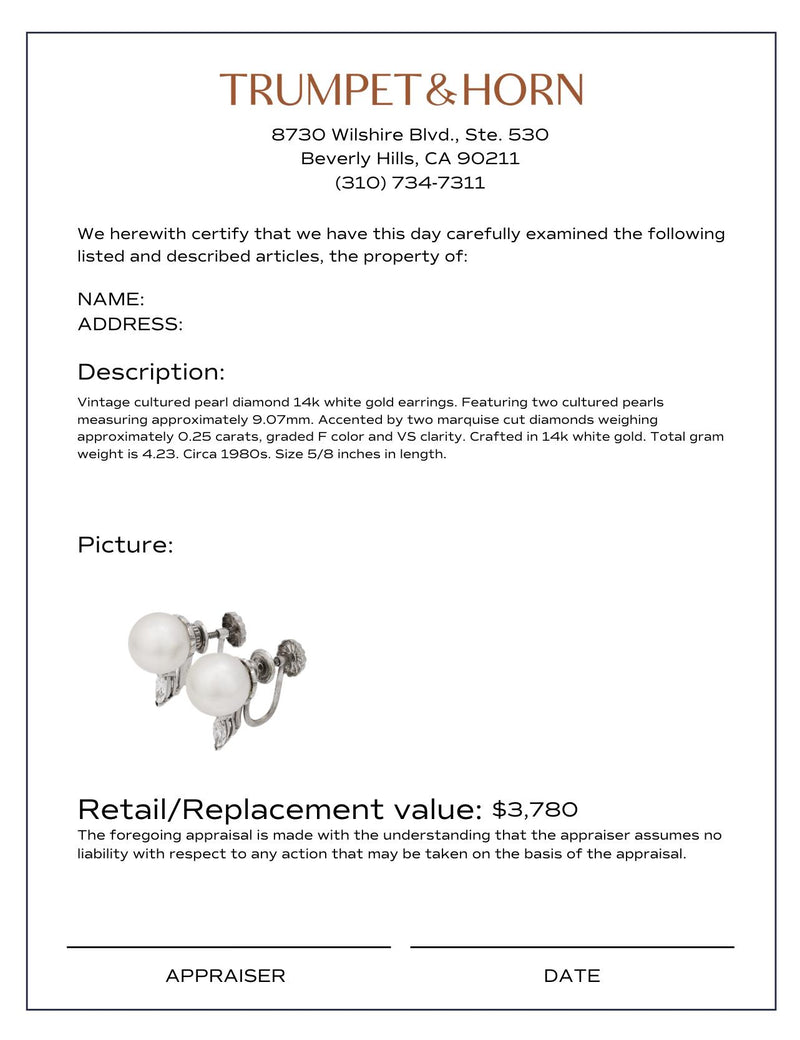 Vintage cultured pearl diamond 14k white gold earrings