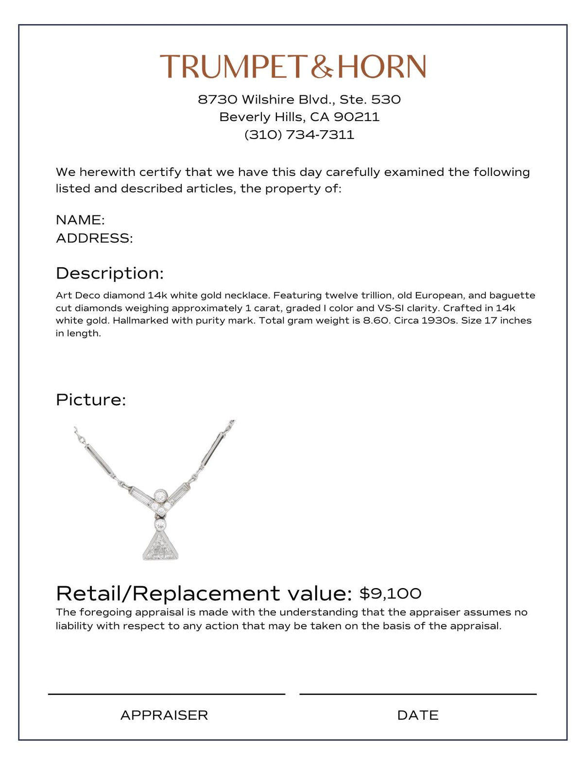 Art Deco diamond 14k white gold necklace