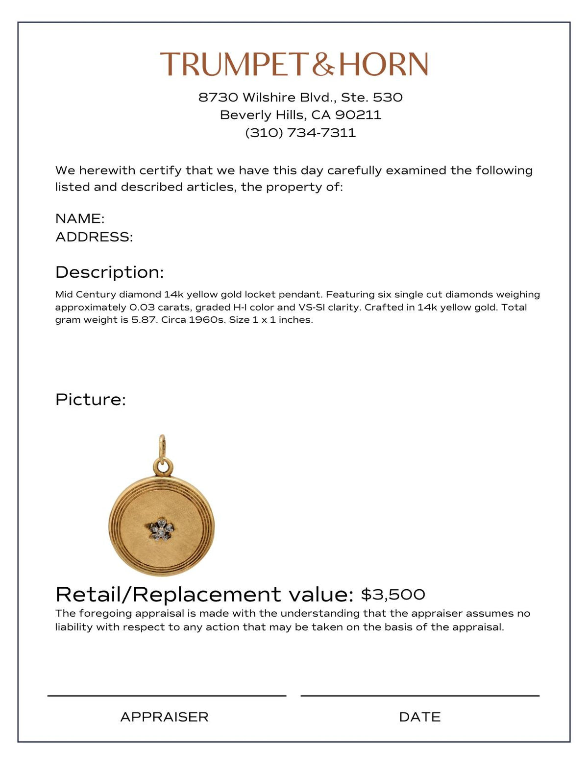 Mid Century diamond 14k yellow gold locket pendant